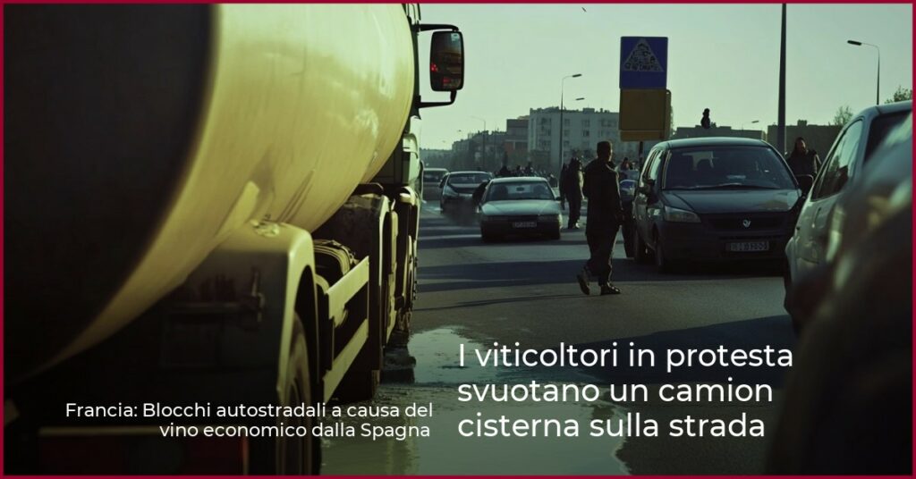 I viticoltori in protesta svuotano un camion cisterna sulla strada